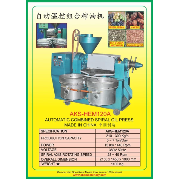 Mesin Pemeras Minyak Kelapa Sawit Dengan Element Panas HEM120A